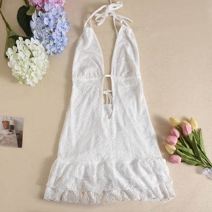 Sexy Women Clothing Dress Autumn Lace up Lace Cake Type Backless Sexy