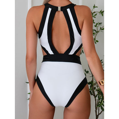 Women Competitive One Piece Black White Contrast Color Swimsuit Sexy One Piece