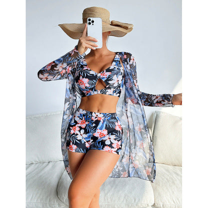 Swimsuit Women Split Long Sleeve Mesh Swimsuit Printed Three Piece Set Bikini Swimsuit
