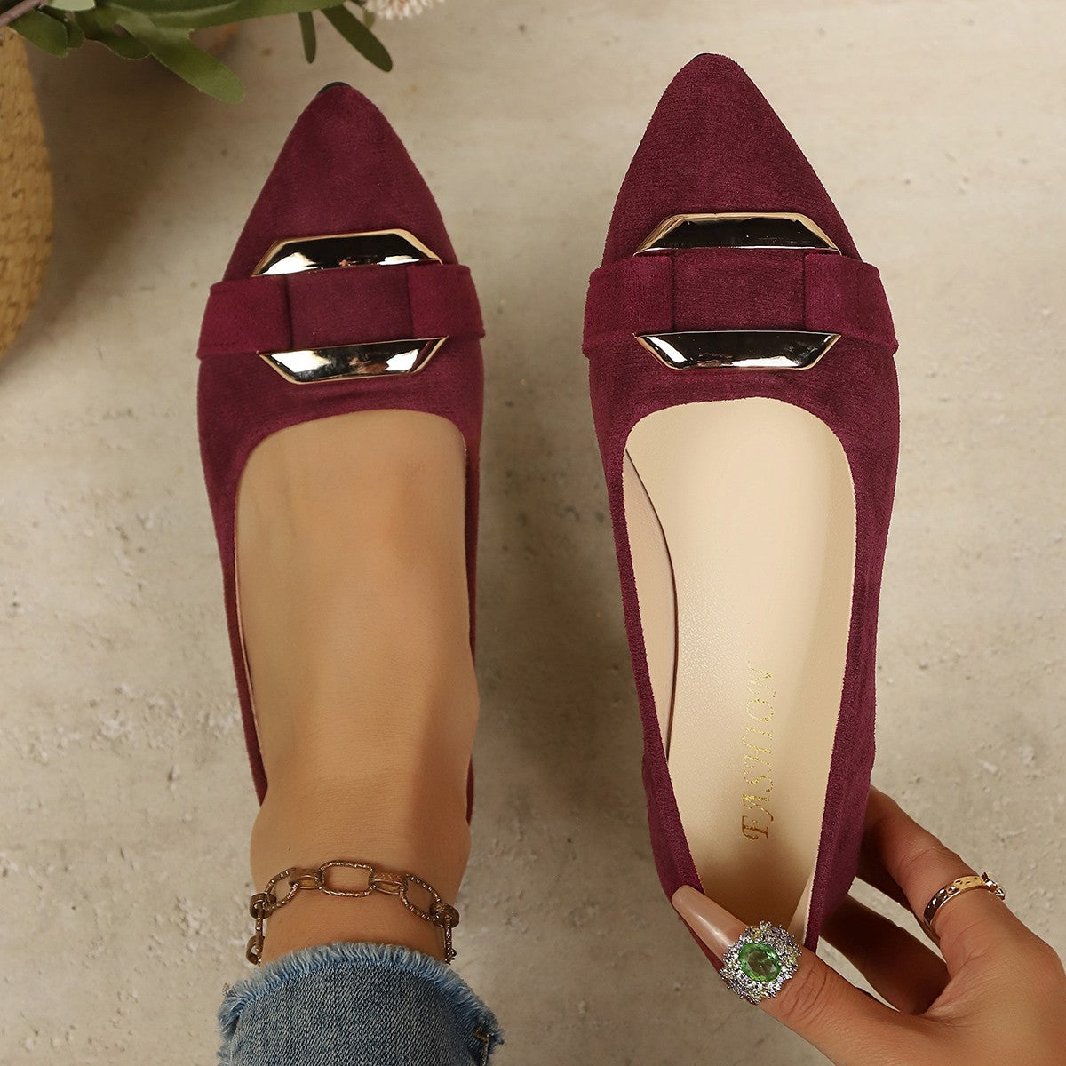 Shallow Mouth Suede Metal Buckle Flat Pumps Women Soft Bottom Office Work Gommino