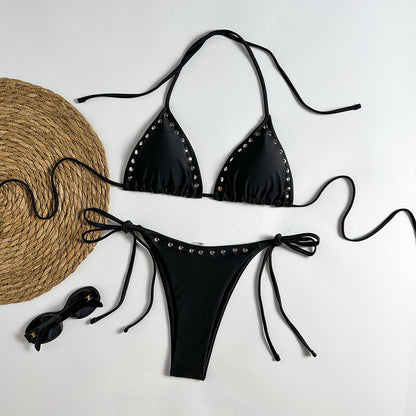 Sexy Halter Strap Metal Rivet Bikini Sexy Cutout Split Triangle Swimsuit