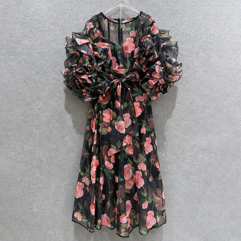 Retro Romantic Palace Rose Print Dress for Women round Neck Design Puff Sleeve Dress