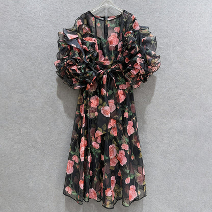 Retro Romantic Palace Rose Print Dress for Women round Neck Design Puff Sleeve Dress