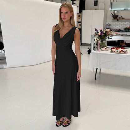 Women Clothing Summer French Low Cut Swing Collar Sleeveless Midi Dress
