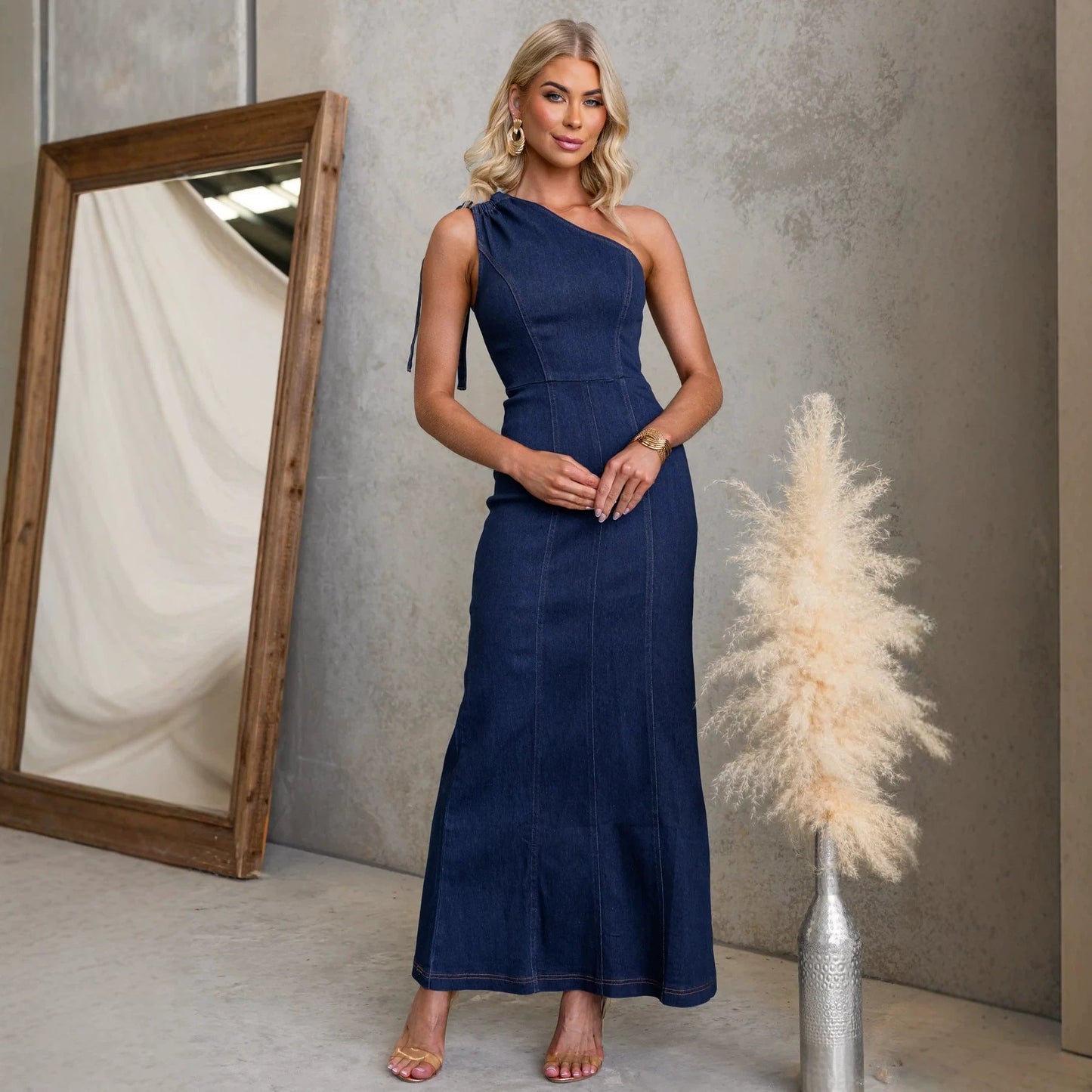 Spring Summer Office Suspenders Denim Women Dress