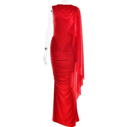 Fashionable Pleated Mesh Shawl Dress Sexy Sheath round Neck Slim Dress