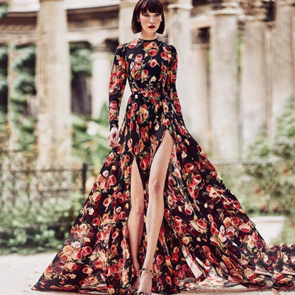 Women Clothing Print Large Swing Dress Slit Fashionable Maxi Dress Beach Dress