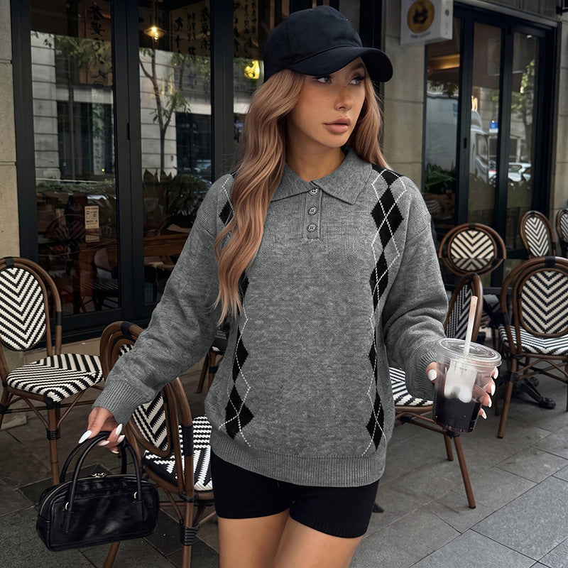 Autumn Winter Inner Wear Diamond Plaid Long Sleeve Knitted Pullover Sweater Women Clothing