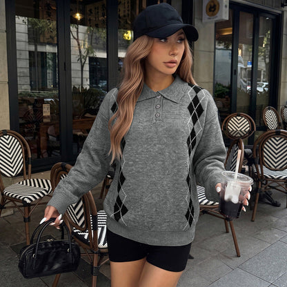 Autumn Winter Inner Wear Diamond Plaid Long Sleeve Knitted Pullover Sweater Women Clothing