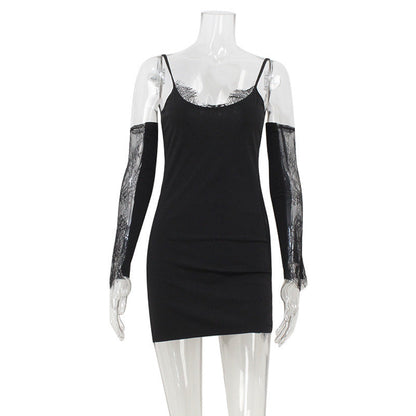 Women Clothing Sexy Lace Stitching Sexy Close Fitting Slim Fitting Sling Dress with Oversleeves