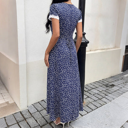 Sweet Vacation Lace V neck Patchwork Short Sleeve Floral Dress