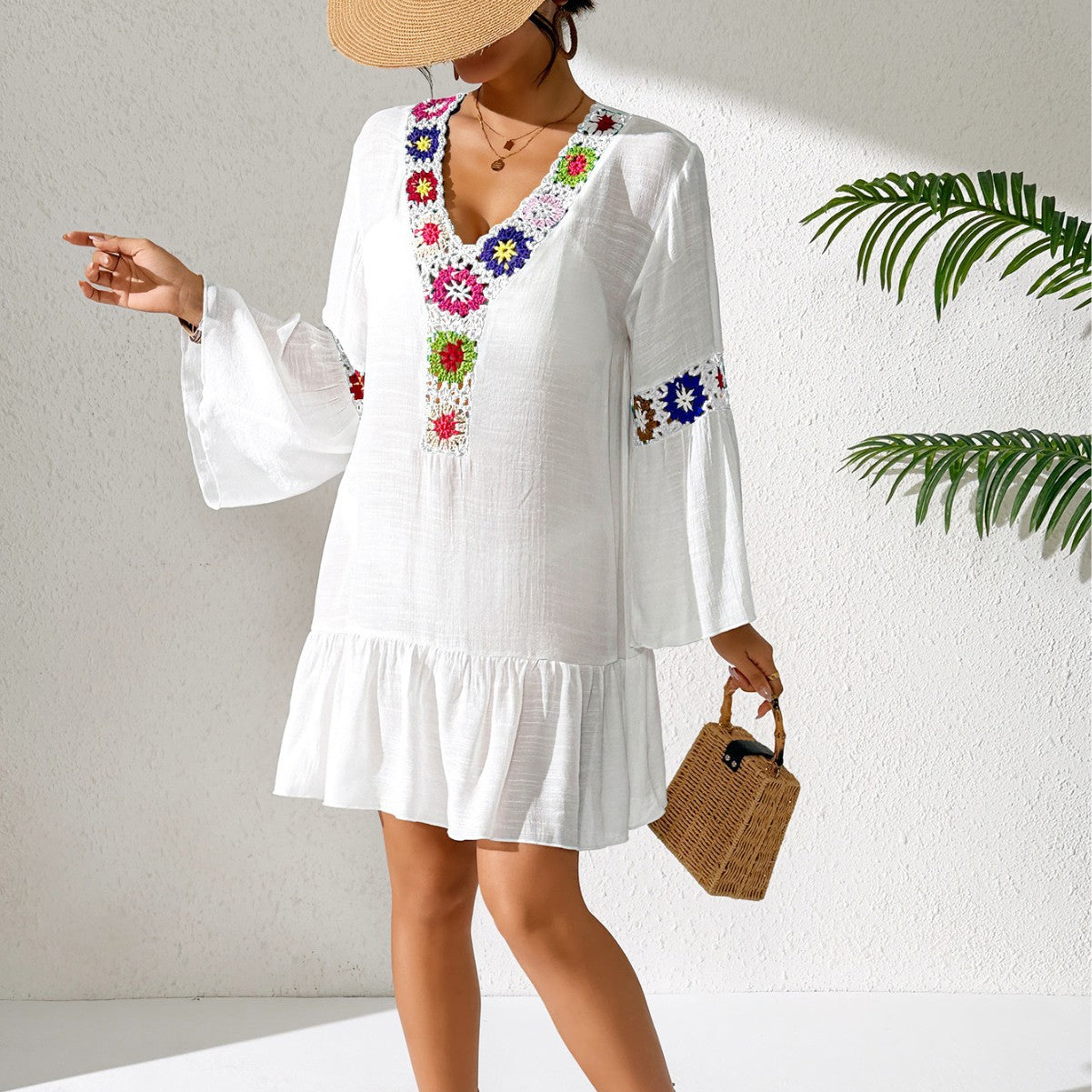 Ladies National Holiday Beach Dress Women Ruffled Stitching Random Mixed Color Crochet V neck Dress