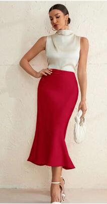 Spring Women Clothing Satin Slim Skirt Satin Solid Color Mid Length Sheath Fishtail Skirt