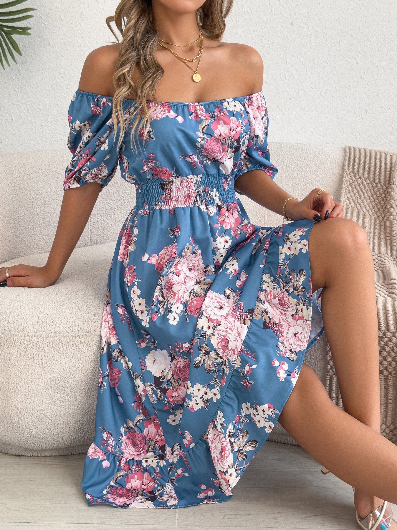 Spring Summer Floral Off Shoulder Short-Sleeved Ruffle A Line Holiday Dress