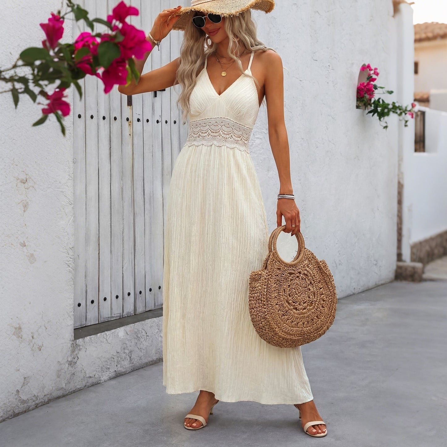 Summer Halter Maxi Dress Lace Stitching Sleeveless Deep V Plunge neck Dress Women Clothing