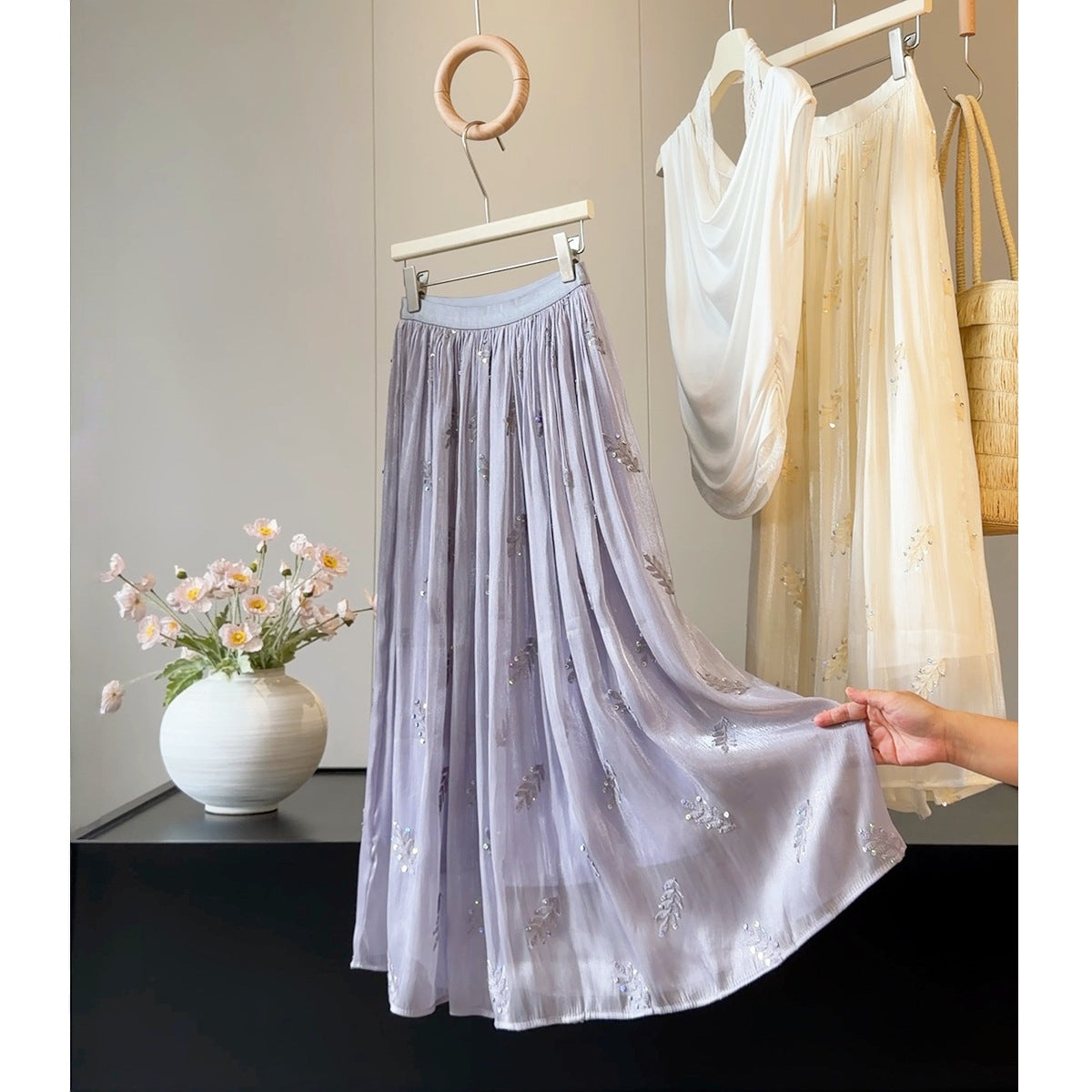 French High Grade Embroidery Sequin Streamer Yarn Women Summer Drape Fairy Cover Swing Maxi Skirt