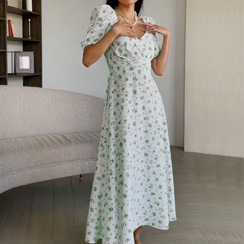 Summer Women Clothing Fresh Sweet Square Collar Long Floral Dress
