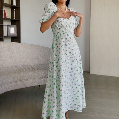 Summer Women Clothing Fresh Sweet Square Collar Long Floral Dress