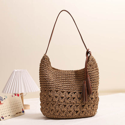 Hollow Out Cutout Straw Bag Tassel Straw Bag Woven Bag Seaside Vacation Beach Bag Casual Shoulder Bag