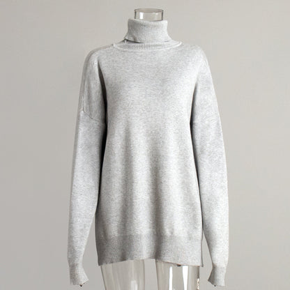 Turtleneck Sweater Women Autumn Winter Casual Sweater Slit Loose Solid Color Knitted Sweater