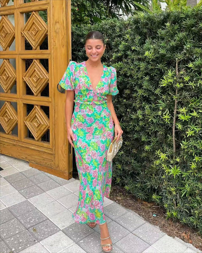 Summer French Puff Sleeve V neck Printing Dress