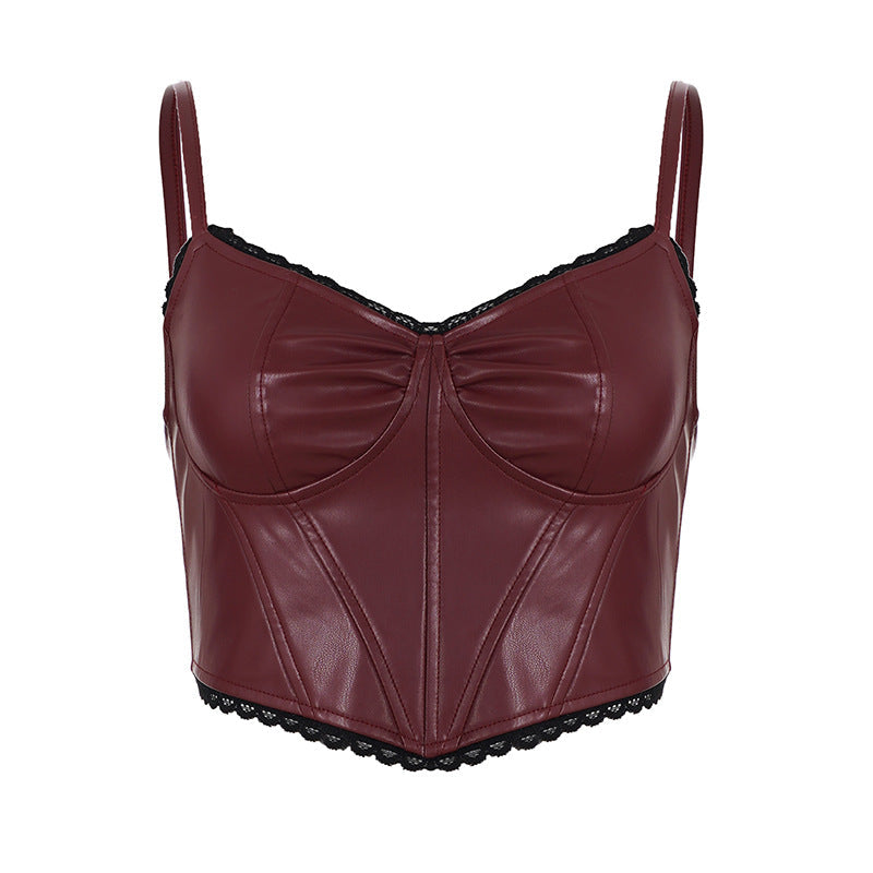 Lace Stitching Leather Vest Women Trendy Sexy Short Split Chest Strap