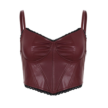 Lace Stitching Leather Vest Women Trendy Sexy Short Split Chest Strap