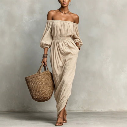 Women Clothing Summer Waist Puff Sleeve Vacation Dress French Casual Dress Apricot off the Shoulder Jumpsuit