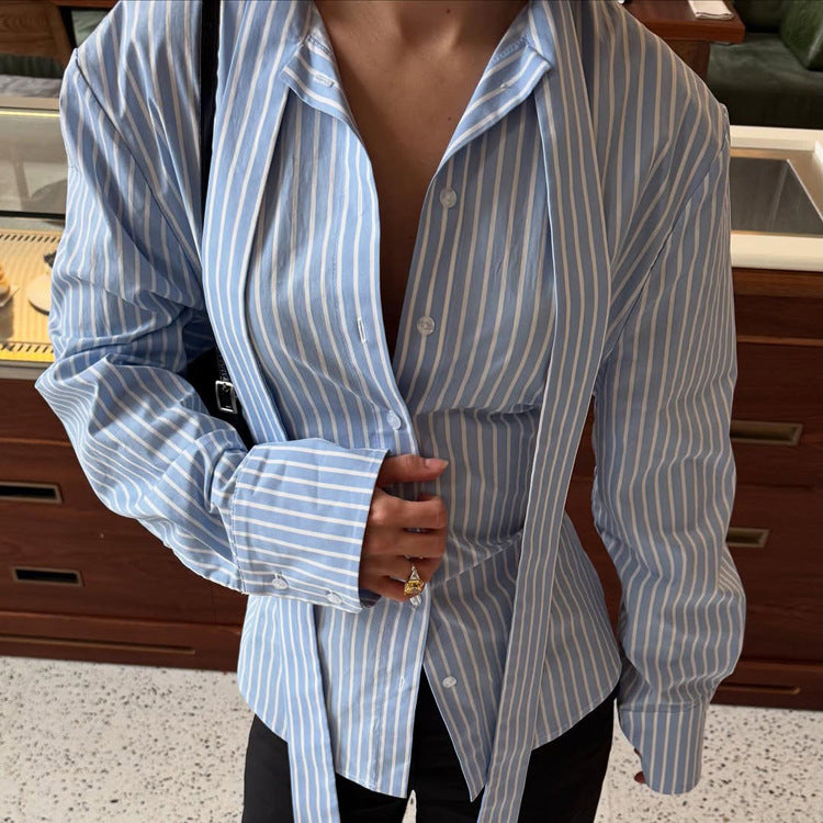 Women Clothing Striped Collared Shirt Women Waist Controlled Long Sleeves Lace up Cardigan Shirt Top