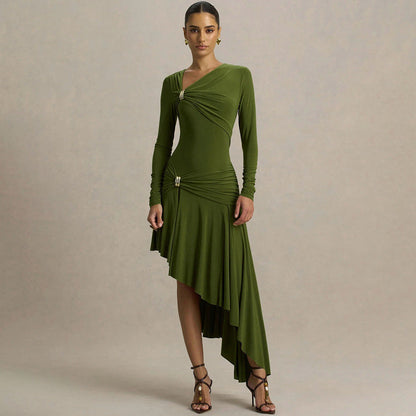 Autumn Winter Graceful Fashionable Women Slim Dress Sexy Pleated Irregular Asymmetric Maxi Dress