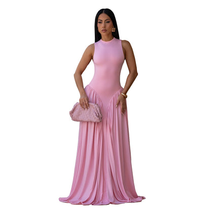 Women Wear Elegant Solid Color round Neck Sleeveless Dress