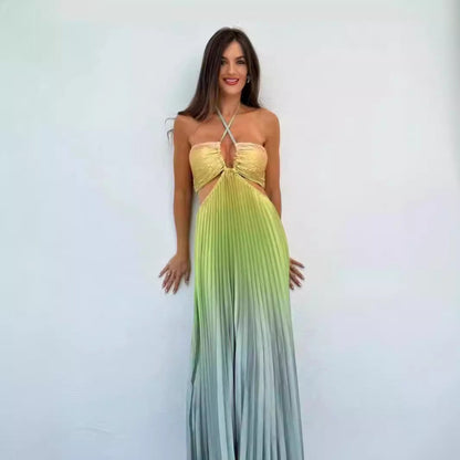 Personalized Summer Gradient Color Halter Pleated Long Women Dress