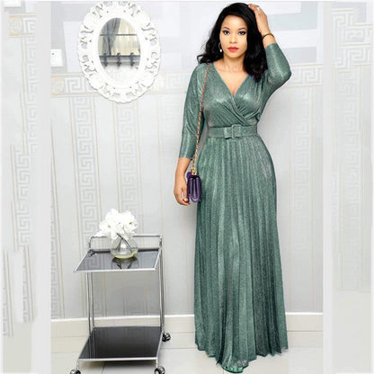 Winter African Women Wear Long Sleeve Bronzing Pleated Swing Dress with Belt Glittering Powder Fabric