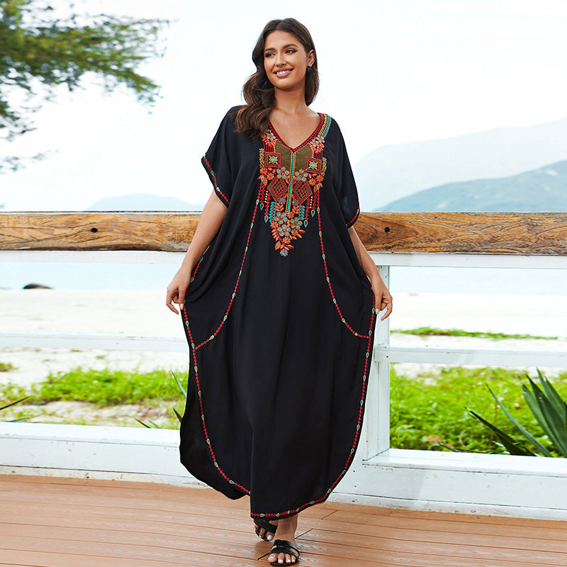 Casual Vacation Loose Maxi Dress Beach Cover up Embroidered Dress Bikini Swimsuit Outwear