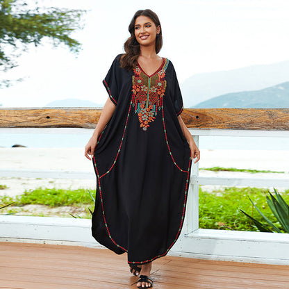 Casual Vacation Loose Maxi Dress Beach Cover up Embroidered Dress Bikini Swimsuit Outwear