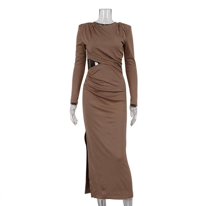 Spring Hip Slim Pleated Dress Solid Color round Neck Long Sleeve Split Hollow Out Cutout Dress Women