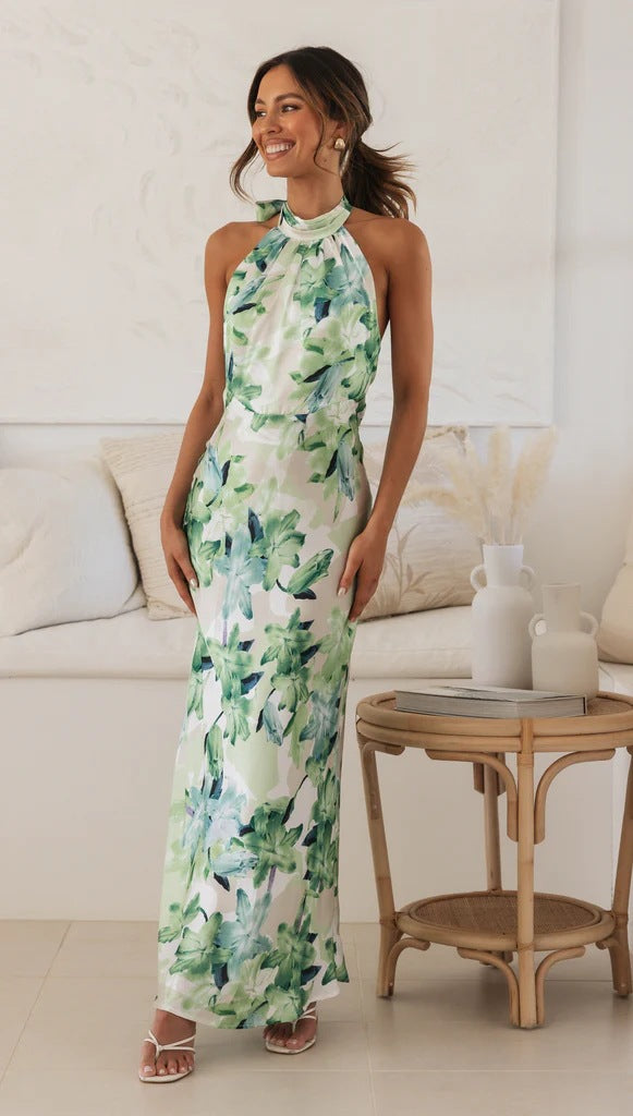 Spring Summer Floral Digital Printing Sweet Halter Mid Length Dress