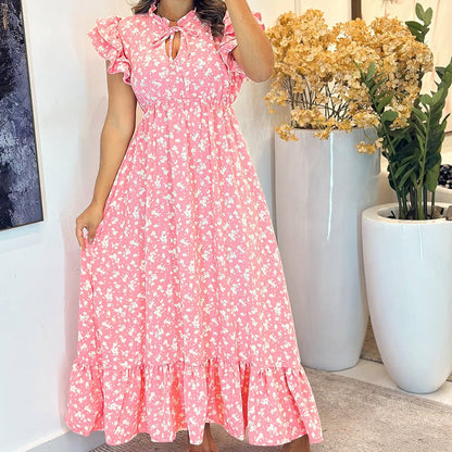 Women Clothing Summer Flying Sleeves High Waist Floral Print Large Swing Vacation Dress
