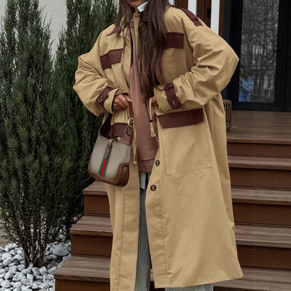 Retro Contrast Color Trench Coat Women Autumn Winter Tooling Casual All Match Khaki Collared Long Sleeve Long Cut Coat