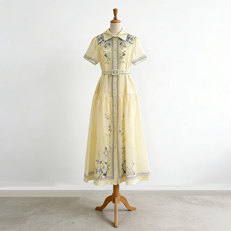 Royal Collared Single Breasted Maxi Dress Elegant Vintage Print Lace up Waist Dress Women