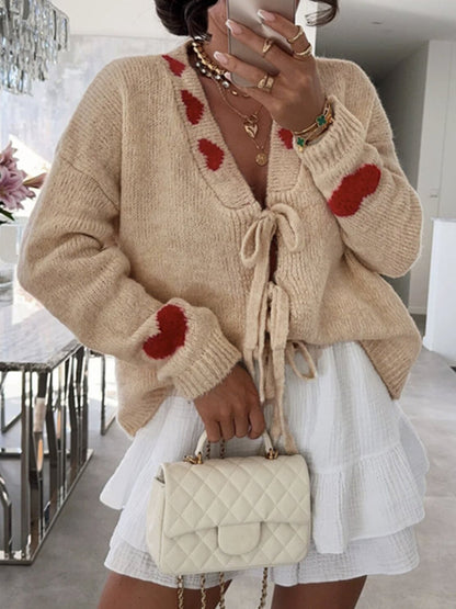 Outer Wear Stitching Sweater Coat Lace up Love Jacquard Knitted Cardigan Women