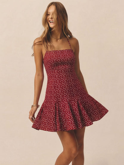 Summer Wine Red Polka Dot Floral Dress Waist Trimming Ruffles Short Dress
