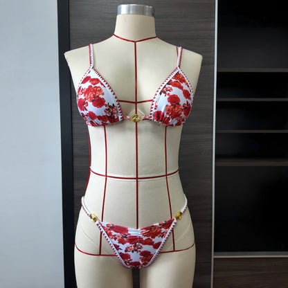 Rose Printed Lace up Split Swimsuit Women Sexy Floral Low Waist Bikini