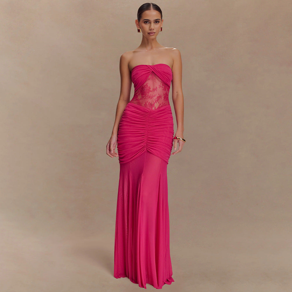 Summer Sleeveless Tube Top Dress Sexy Pleated Hollow Out Cutout Slim Dress for Women