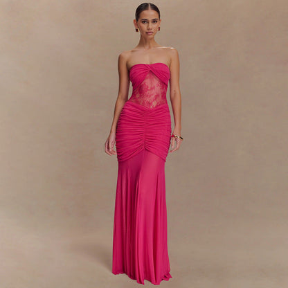 Summer Sleeveless Tube Top Dress Sexy Pleated Hollow Out Cutout Slim Dress for Women