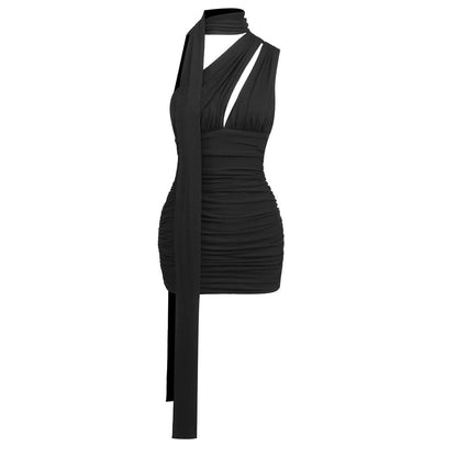 Sexy Wind Black Halter Women Summer Long Ribbon Pleated Slim Fit Nightclub Atmosphere Dress