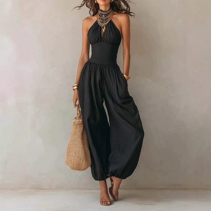 Women Clothing Jumpsuit Black Sleeveless Halter Backless Jumpsuit High Waist Tight Waist Vacation