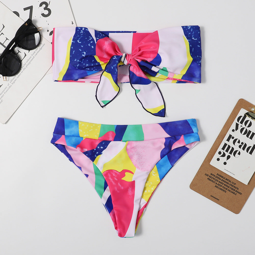 Print Tie Dye Sexy Tube Top Bikini Swimsuit Women Slim Fit Two Piece Suit Split