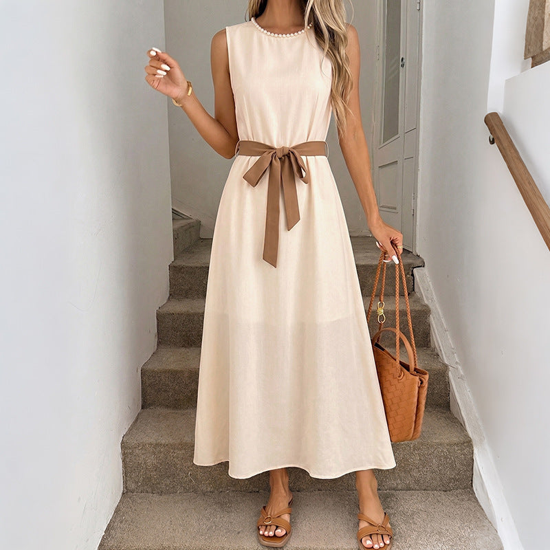 Simple Elegant Beaded round Neck Cinched Sleeveless Dress