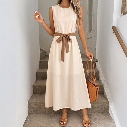 Simple Elegant Beaded round Neck Cinched Sleeveless Dress
